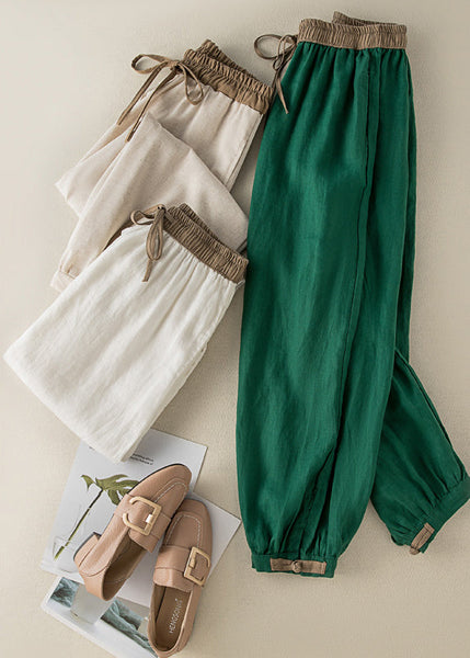 Casual Green Elastic Waist Thin Linen Crop Pants Summer BV059 MZF-CPTS240702