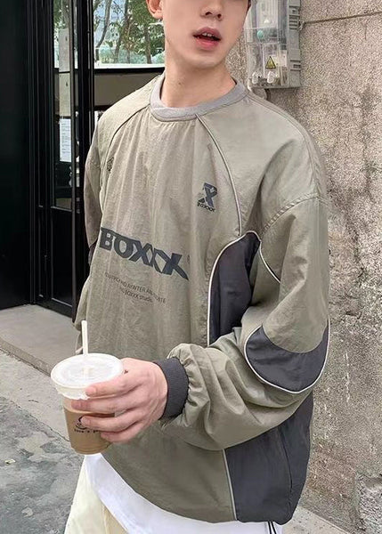 Shirt T Letter Cotton Casual Drawstring Patchwork Green Mens FashionChic