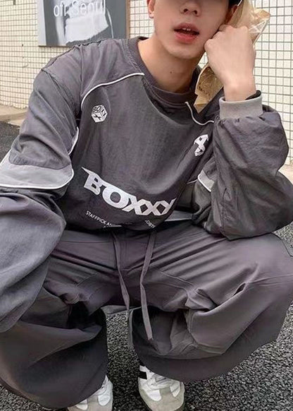 Shirt T Letter Cotton Casual Drawstring Patchwork Green Mens FashionChic