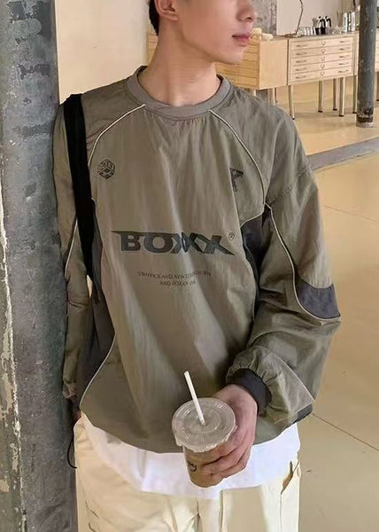 Shirt T Letter Cotton Casual Drawstring Patchwork Green Mens FashionChic