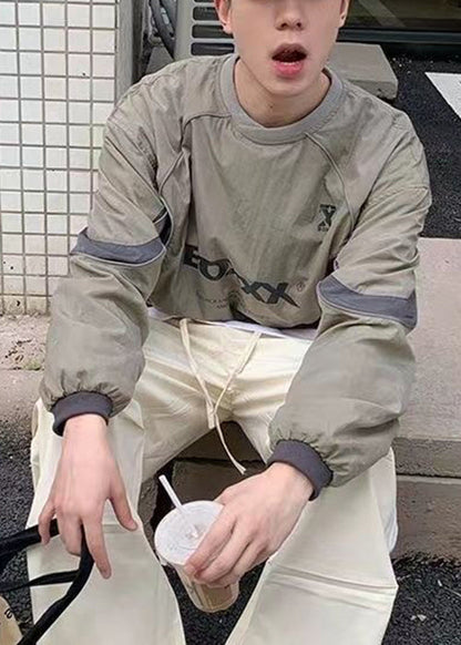 Shirt T Letter Cotton Casual Drawstring Patchwork Green Mens FashionChic