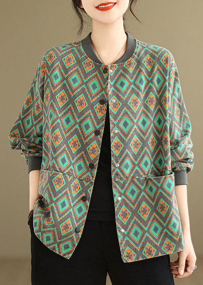 Casual Green O Neck Pockets Print Denim Coat Spring TJ001