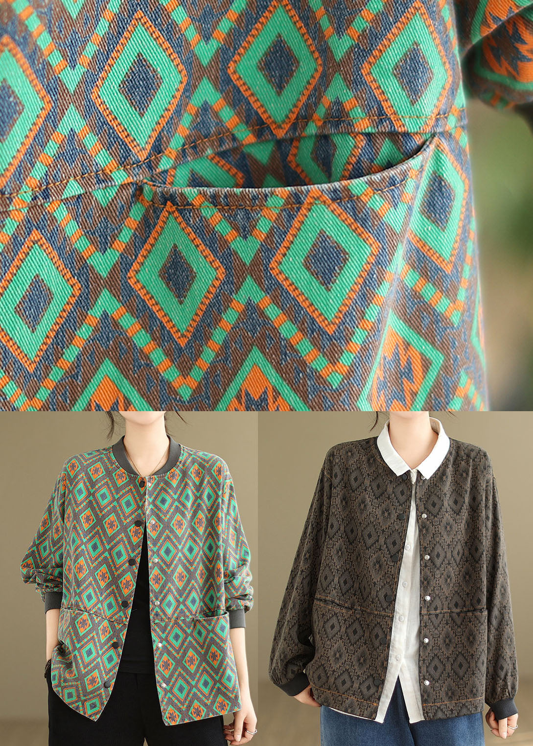 Casual Green O Neck Pockets Print Denim Coat Spring TJ001