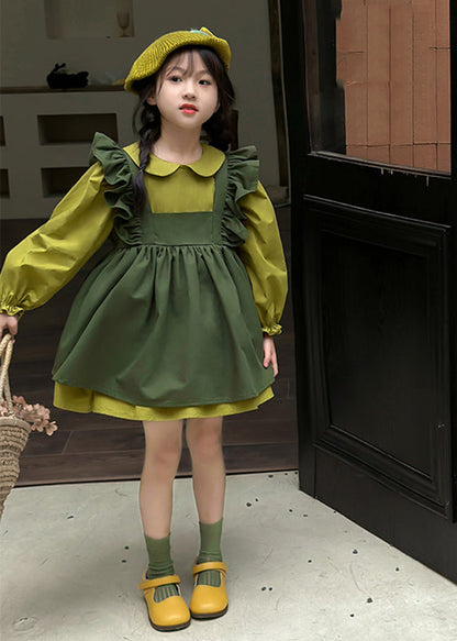 Casual Green Peter Pan Collar Ruffled Kids Long Waistcoat And Mid DressTwo Pieces Set Long Sleeve SS1033 MM-RCTZ-TPGIEC240601