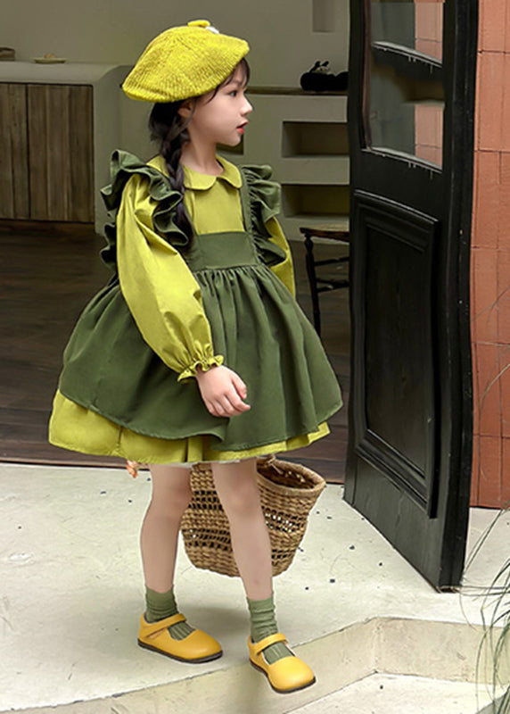 Casual Green Peter Pan Collar Ruffled Kids Long Waistcoat And Mid DressTwo Pieces Set Long Sleeve SS1033 MM-RCTZ-TPGIEC240601