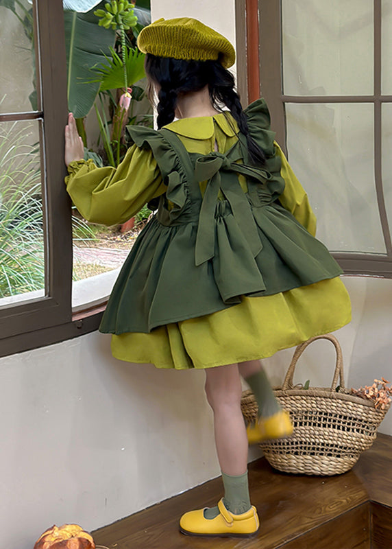 Casual Green Peter Pan Collar Ruffled Kids Long Waistcoat And Mid DressTwo Pieces Set Long Sleeve SS1033 MM-RCTZ-TPGIEC240601