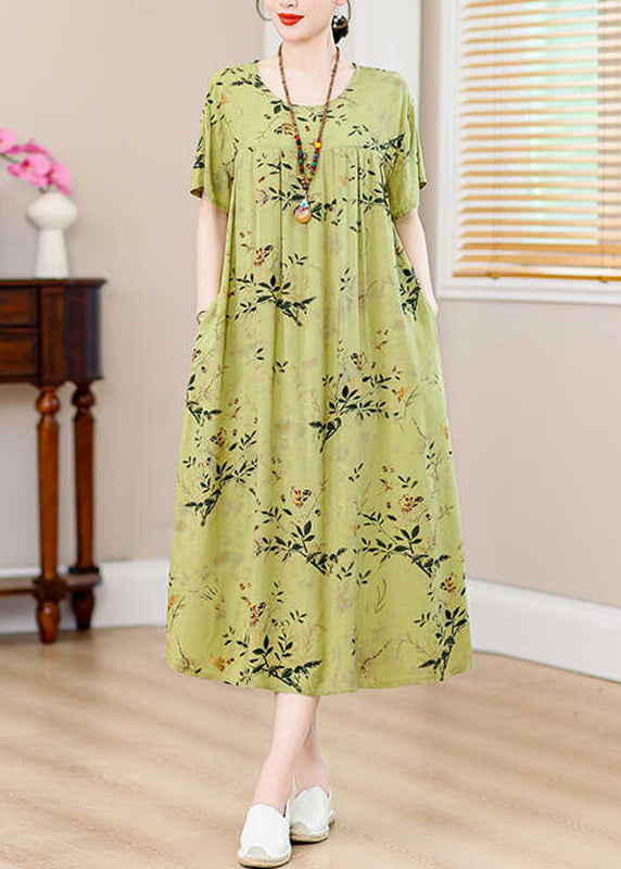 Casual Green Print Pockets Silk Cotton Long Dresses Summer QB013 HS-SDL241025