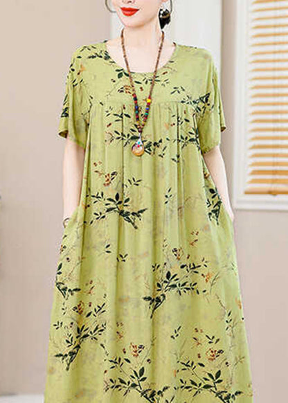 Casual Green Print Pockets Silk Cotton Long Dresses Summer QB013 HS-SDL241025