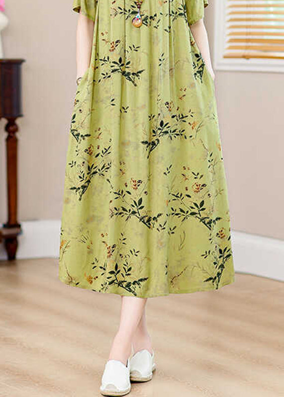 Casual Green Print Pockets Silk Cotton Long Dresses Summer QB013 HS-SDL241025