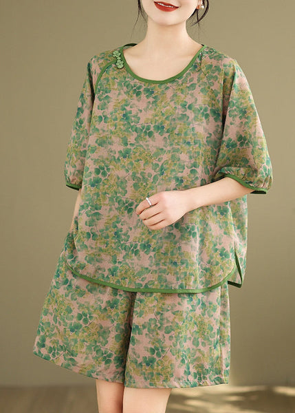 Casual Set Shorts Pieces Short And Open Two Side Shirt T Green FashionChic