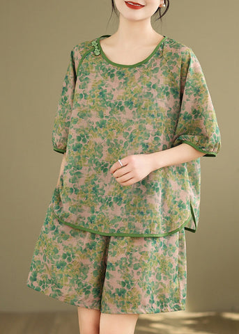 Casual Set Shorts Pieces Short And Open Two Side Shirt T Green FashionChic