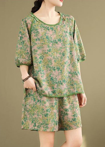 Casual Set Shorts Pieces Short And Open Two Side Shirt T Green FashionChic