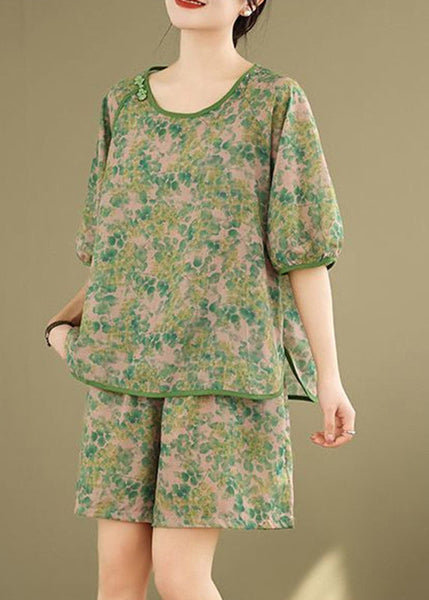 Casual Set Shorts Pieces Short And Open Two Side Shirt T Green FashionChic