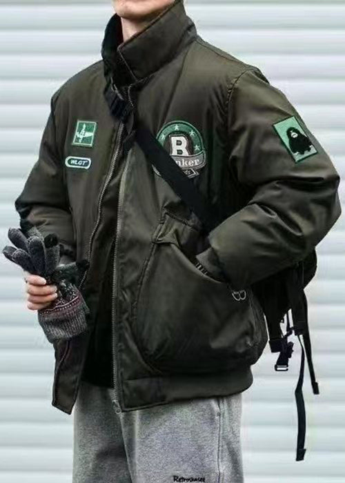 Pockets Stand Parkas Casual Men Collar Green TC003 Patch Spring