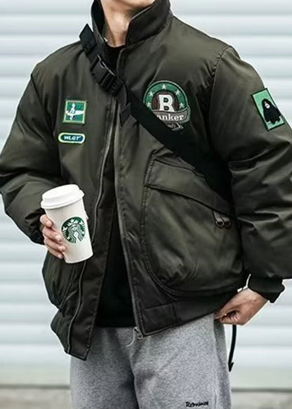 Pockets Stand Parkas Casual Men Collar Green TC003 Patch Spring