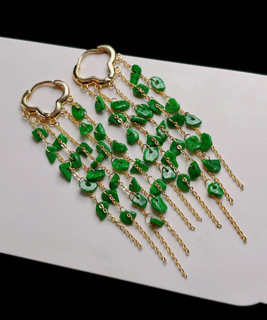 Casual Green Sterling Silver 14K Gold Jade Tassel Drop Earrings KX1003 Ada Fashion