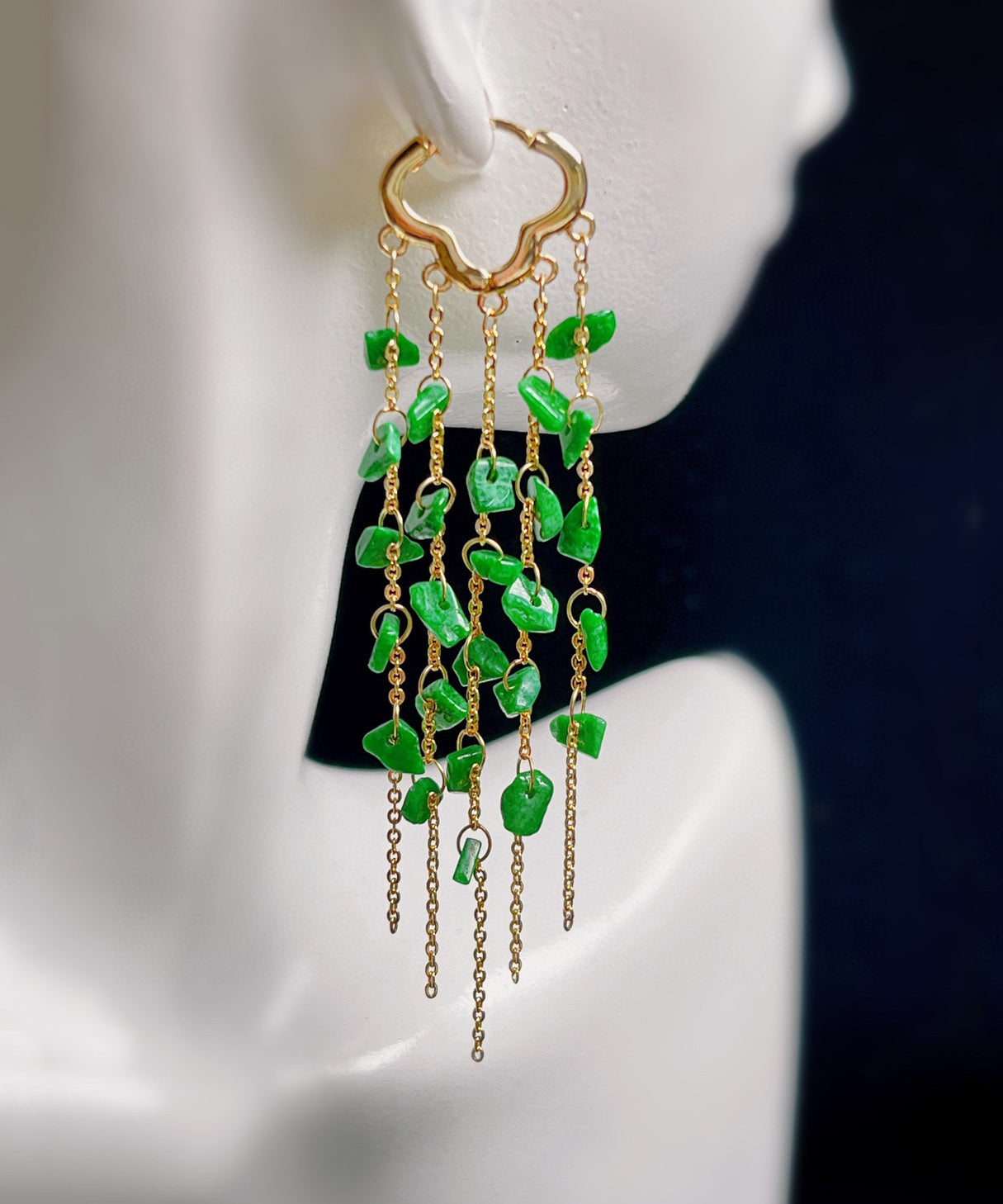 Casual Green Sterling Silver 14K Gold Jade Tassel Drop Earrings KX1003 Ada Fashion