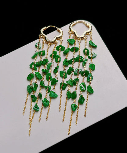 Casual Green Sterling Silver 14K Gold Jade Tassel Drop Earrings KX1003 Ada Fashion