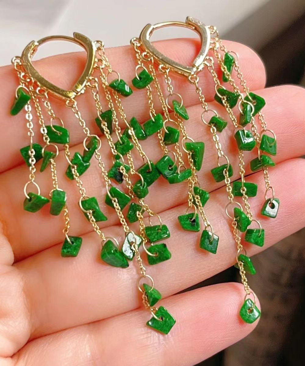 Casual Green Sterling Silver 14K Gold Jade Tassel Drop Earrings KX1003 Ada Fashion