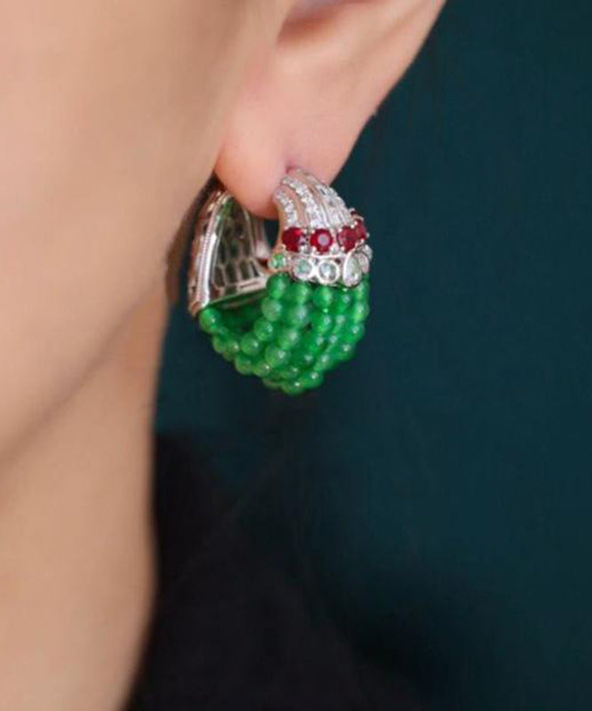 Casual Green Sterling Silver Beading Hoop Earrings RA017 ABC