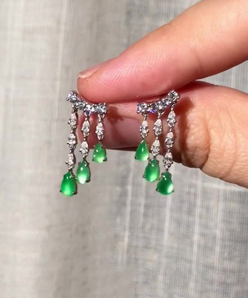Tassel Drop Green Sterling Silver Water Casual Chalcedony FashionChic