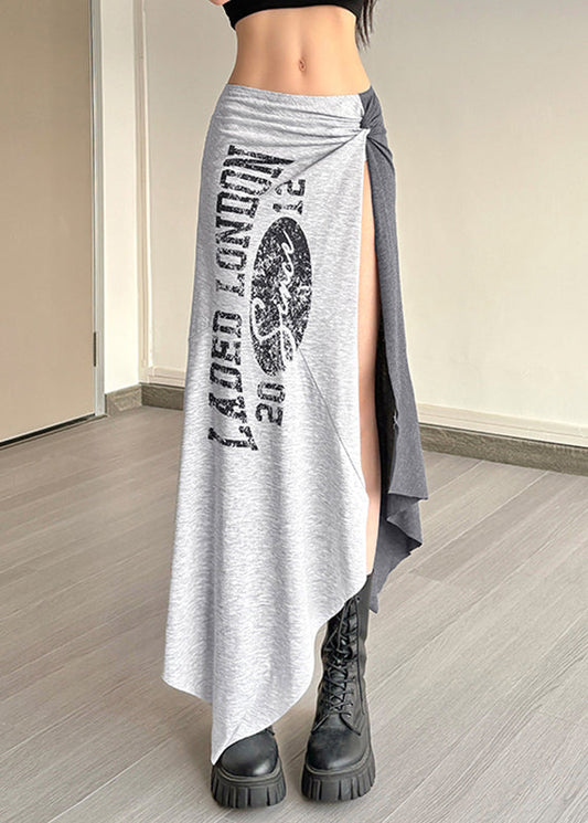 Casual Wrinkled Asymmetrical Tassel Maxi Graphic Skirts Grey FashionChic