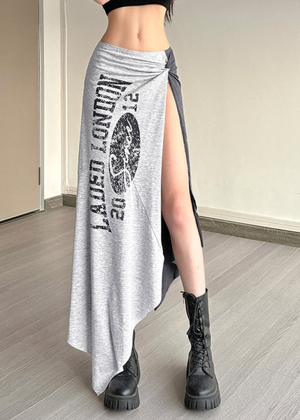 Casual Wrinkled Asymmetrical Tassel Maxi Graphic Skirts Grey FashionChic