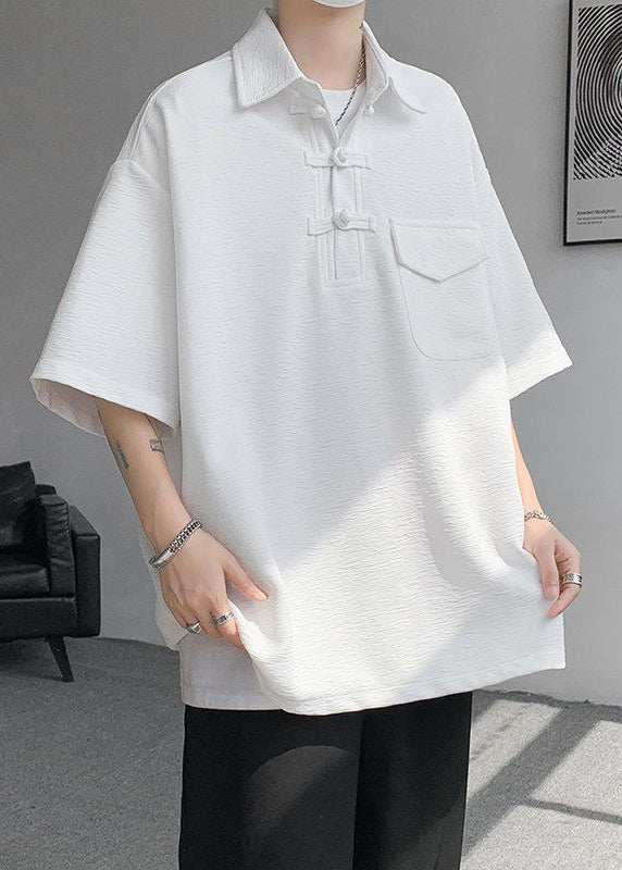 Grey Casual Half Cotton Pockets Button Oversized Polo Shirt Men FashionChic