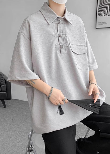 Grey Casual Half Cotton Pockets Button Oversized Polo Shirt Men FashionChic