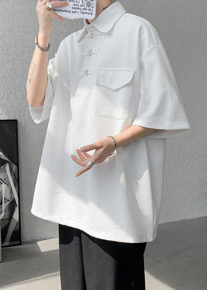 Grey Casual Half Cotton Pockets Button Oversized Polo Shirt Men FashionChic