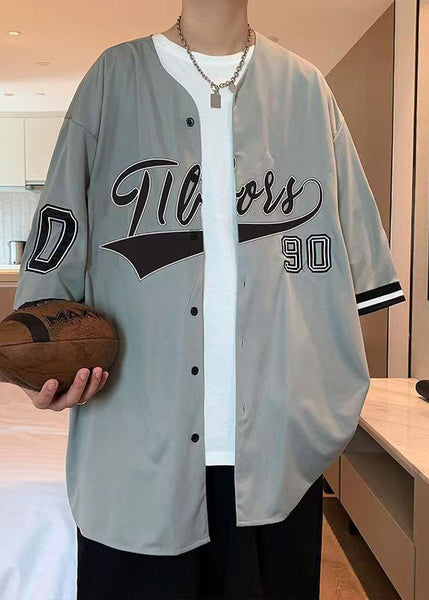 Casual Cotton Shirts Half Sleeve Mens Button Print Grey FashionChic