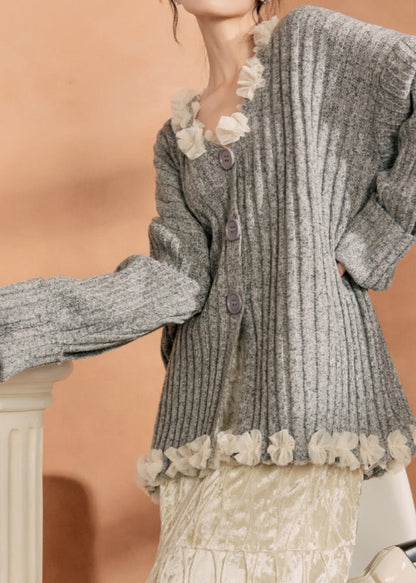 Casual Grey Button Tulle Patchwork Cotton Knit Cardigan Winter WN006 ABC