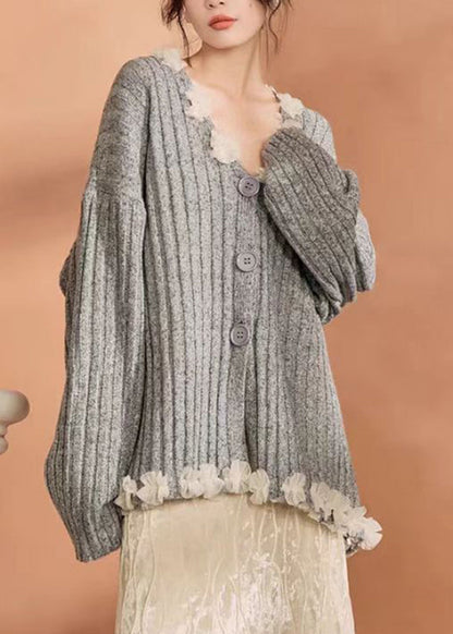 Casual Grey Button Tulle Patchwork Cotton Knit Cardigan Winter WN006 ABC