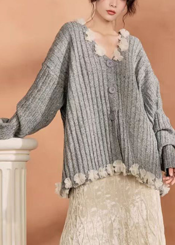 Casual Grey Button Tulle Patchwork Cotton Knit Cardigan Winter WN006 ABC