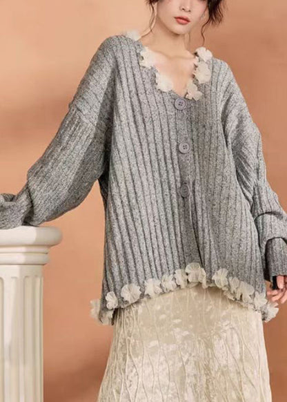 Casual Grey Button Tulle Patchwork Cotton Knit Cardigan Winter WN006 ABC