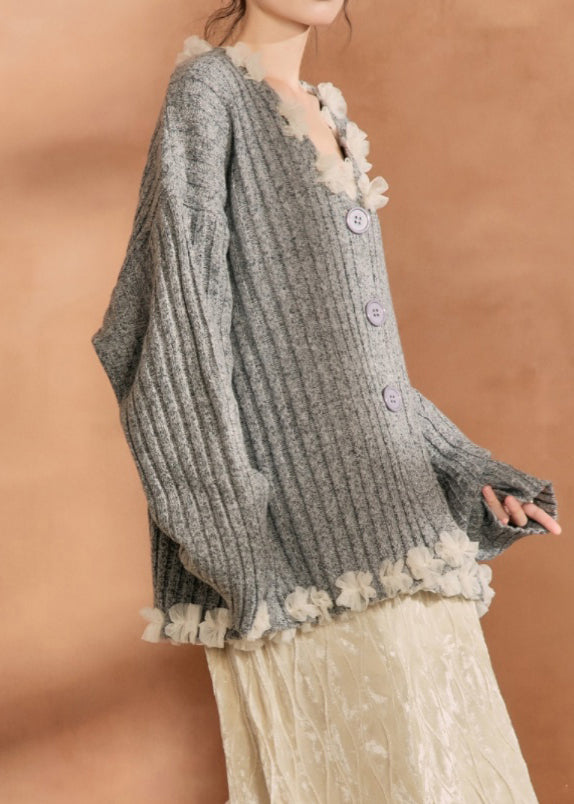 Casual Grey Button Tulle Patchwork Cotton Knit Cardigan Winter WN006 ABC