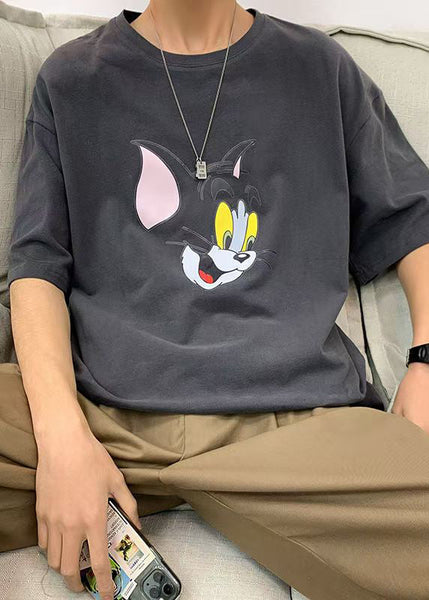Shirt Cotton Summer Cats Grey T Casual Men Print FashionChic