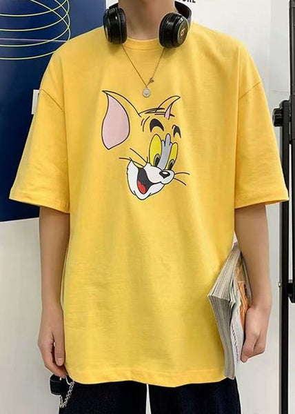 Shirt Cotton Summer Cats Grey T Casual Men Print FashionChic