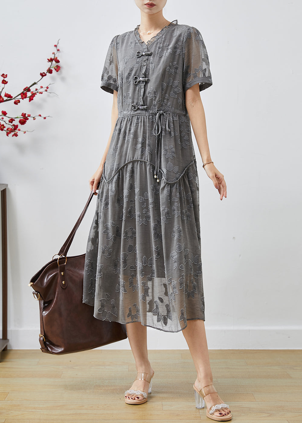 Casual Grey Cinched Jacquard Chiffon Dress Summer AP1068 AM-SDL240904