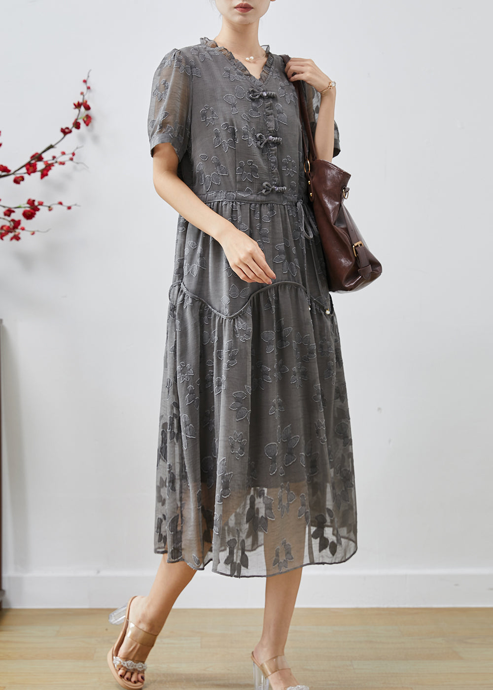 Casual Grey Cinched Jacquard Chiffon Dress Summer AP1068 AM-SDL240904