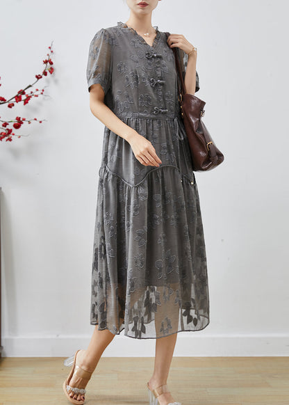 Casual Grey Cinched Jacquard Chiffon Dress Summer AP1068 AM-SDL240904