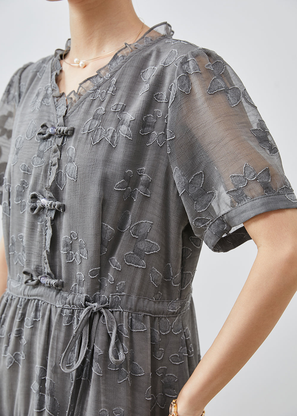 Casual Grey Cinched Jacquard Chiffon Dress Summer AP1068 AM-SDL240904