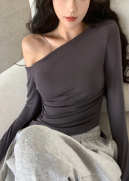 Cotton Grey Casual Fall Cold Shoulder Top FashionChic