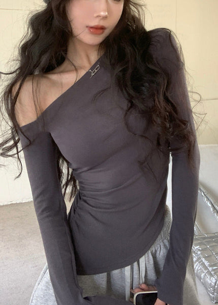 Cotton Grey Casual Fall Cold Shoulder Top FashionChic