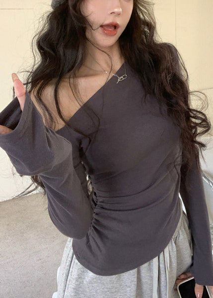 Cotton Grey Casual Fall Cold Shoulder Top FashionChic