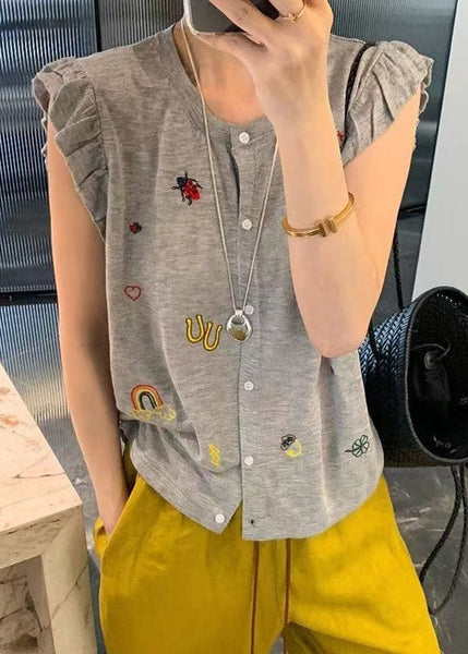 Sleeveless Casual Embroideried Button Down Cotton Grey Vests FashionChic