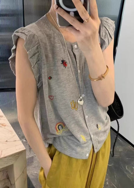 Sleeveless Casual Embroideried Button Down Cotton Grey Vests FashionChic