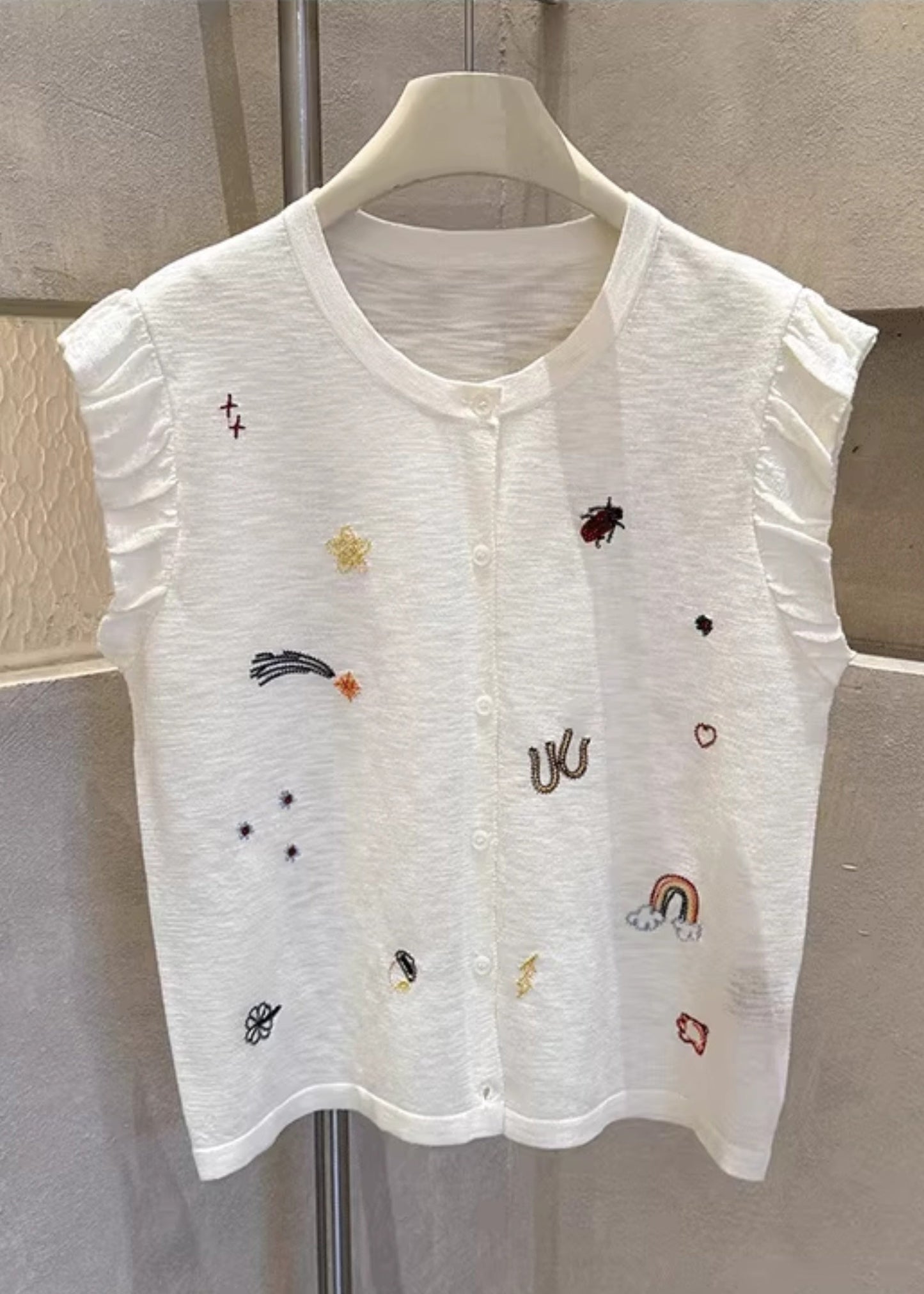 Sleeveless Casual Embroideried Button Down Cotton Grey Vests FashionChic