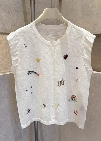 Sleeveless Casual Embroideried Button Down Cotton Grey Vests FashionChic