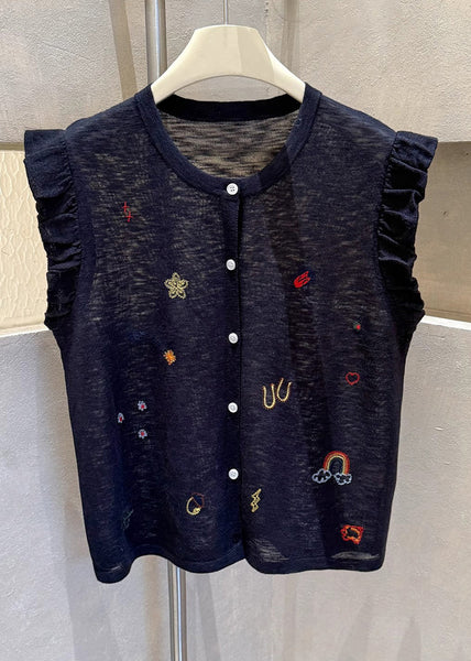 Sleeveless Casual Embroideried Button Down Cotton Grey Vests FashionChic